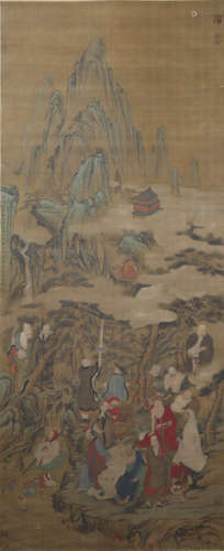 A Chinese Arhats Painting Scroll, Zhao Mengfu Mark