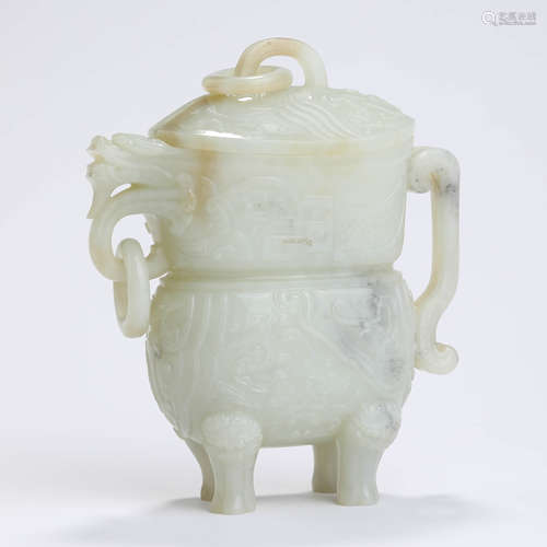 A Carved White Jade Chi Dragon Head Wine Vessel, Zun