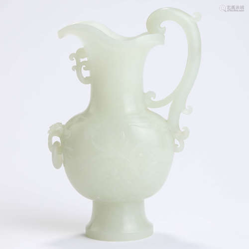 A Carved White Jade Butterfly And Floral Ewer