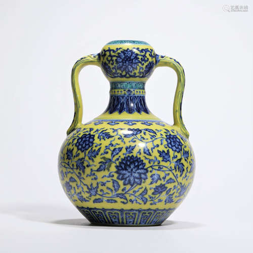 A Yellow-Ground And Underglaze-Blue Interlocking Lotus Ruyi-...