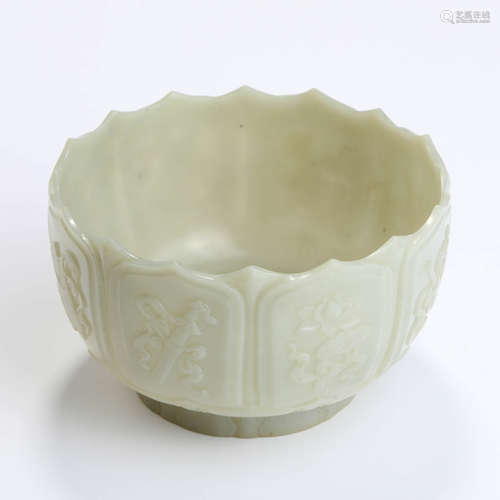 A Carved White Jade Eight Treasures Barbed-Rim Bowl