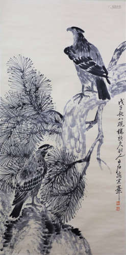 A Chinese Eagles Painting Scroll, Qi Baishi Mark