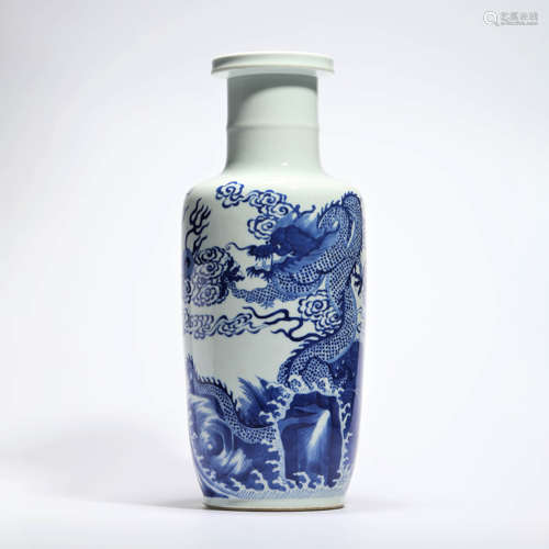 A Blue And White Dragon And Wave Rouleau Vase