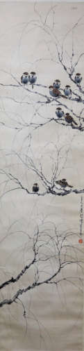 A Chinese Sparrow Painting Scroll, Xu Beihong Mark