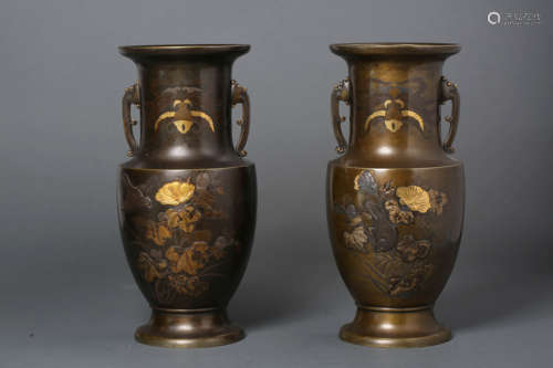 A Pair Of Silver And Gold Inlaid Flowers And Birds Vases