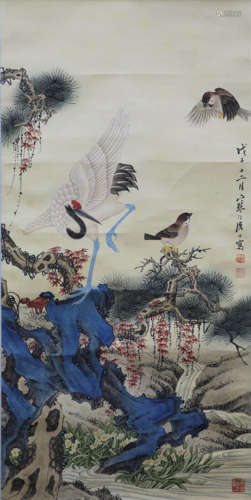 A Chinese Cranes Painting Scroll