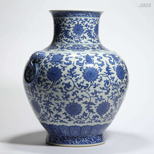 A Blue And White Interlocking Lotus Double Beast-Eared Jar