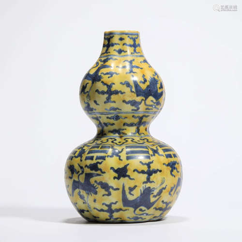 A Yellow-Ground And Blue Enameled Cranes Gourd Shaped Vase