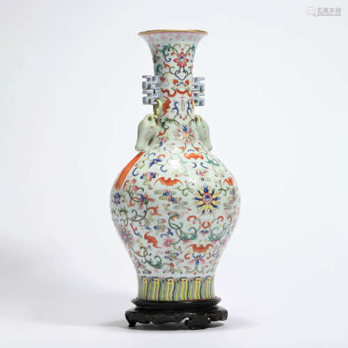 A Wucai Bats Floral Ruyi-Eared Vase