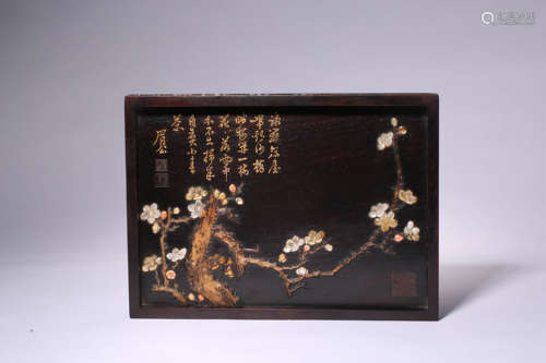 A Gems Inlaid Lobular Sandalwood Inscribed Tea Tray