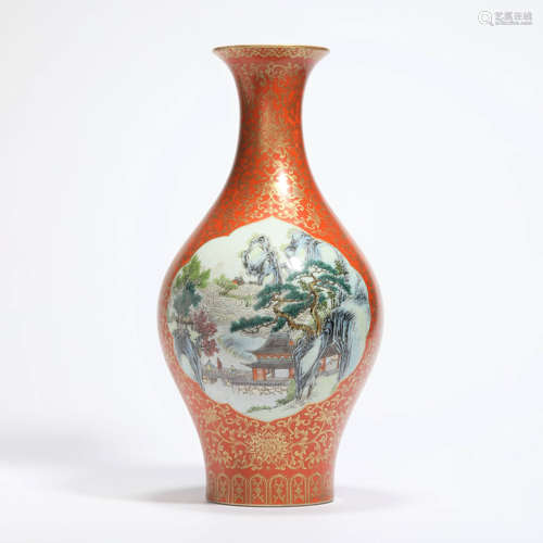 A Gilt Coral Red-Ground Landscape And Figure Vase