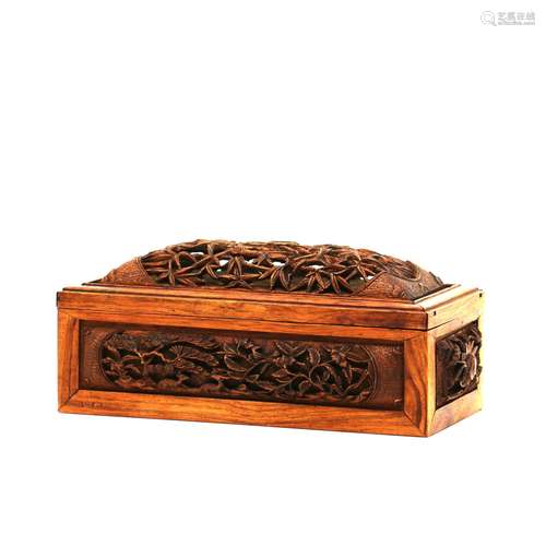 An Openwork Huanghuali Cranes And Pine Accessory Box And Cov...