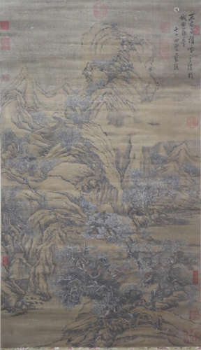 A Chinese Pavilion Scenery Painting Scroll, Li Cheng Mark