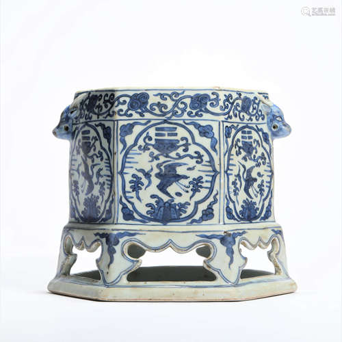 A Blue And White Phoenix Beast-Eared Hexagonal Brush Pot