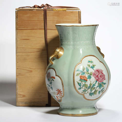 A Celadon-Ground Famille Rose Floral Elephant-Eared Vase