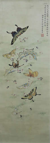 A Chinese Butterfly Painting Scroll, Pan Jingshu Mark