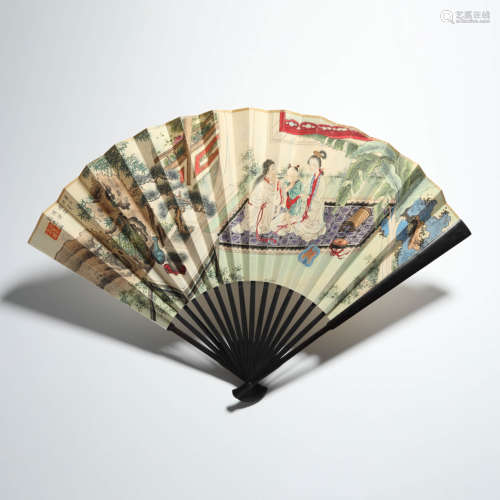 A Chinese Lady Painting Fan, Liu Lingcang Mark