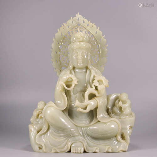 A Carved Hetian Jade Statue Of Guanyin