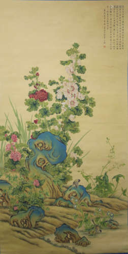 A Chinese Flowers Painting Scroll, Wang Chengpei Mark