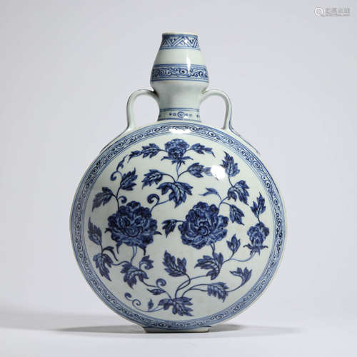 A Blue And White Peony Moonflask