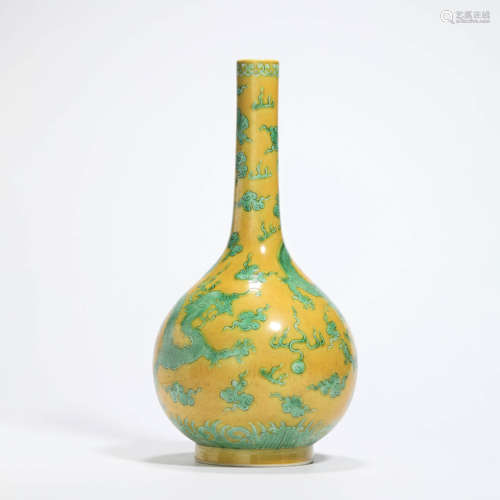 A Yellow-Ground And Green Enameled Dragon Bottle Vase