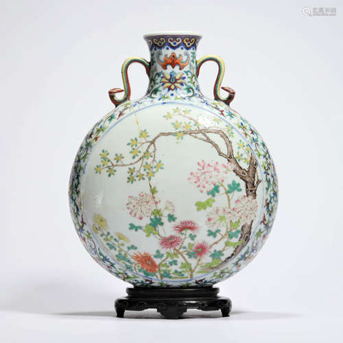 A Famille Rose Floral Ruyi-Eared Moonflask