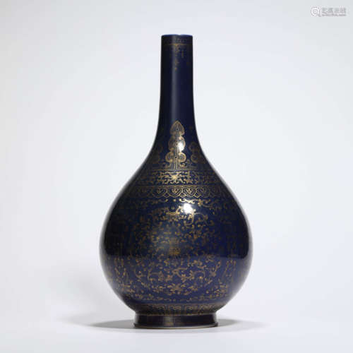 A Gilt Altar Blue Glaze Interlocking Lotus Bottle Vase