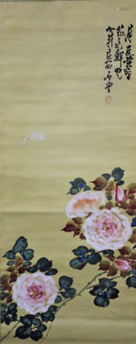 A Chinese Flowers Painting Scroll, Shi Lu Mark