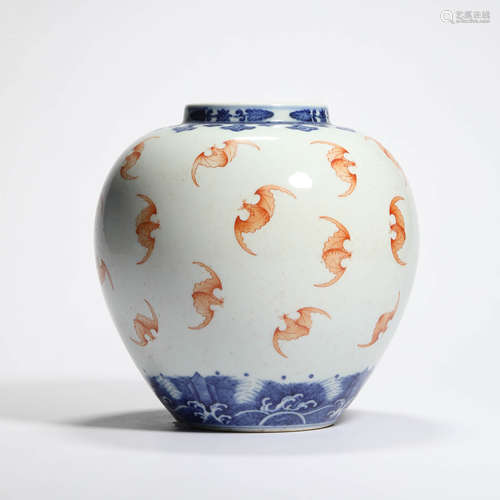 An Underglaze-Bue And Copper Red Hundred Bats Jar