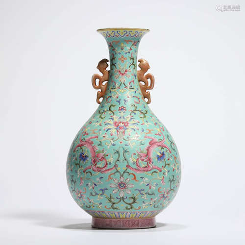 A Green-Ground Enameled Phoenix-Eared Pear-Shaped Vase