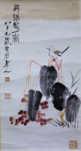 A Chinese Flowers And Birds Painting Scroll, Qi Baishi Mark