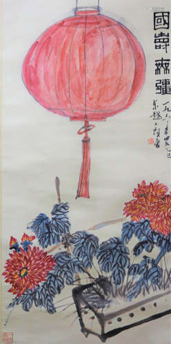 A Chinese Flowers Painting Scroll, Pan Tianshou Mark