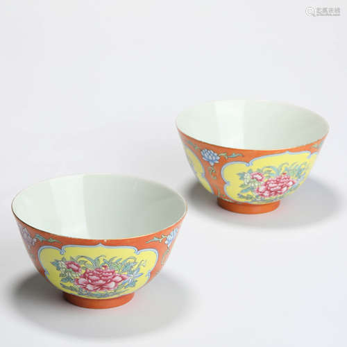 A Pair Of Coral Red-Ground Famille Rose Floral Bowls