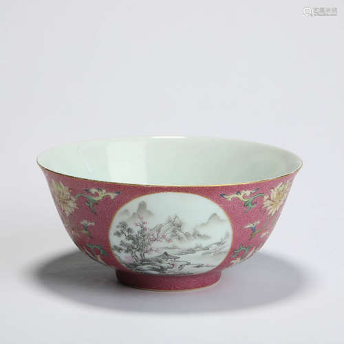 A Red-Ground Famille Rose Landscape Bowl