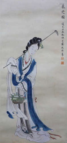 A Chinese Lady Picking Lingzhi Painting Scroll, Gai Qi Mark