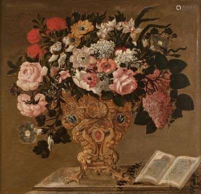 Ecole ITALIENNE VERS 1700 Fleurs dans un vase de bronze Toil...