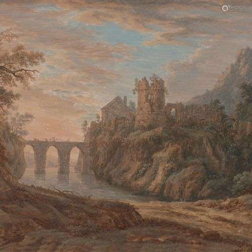 Jakob BURGI (Suisse 1745 - vers 1795) Paysage au pont Gouach...