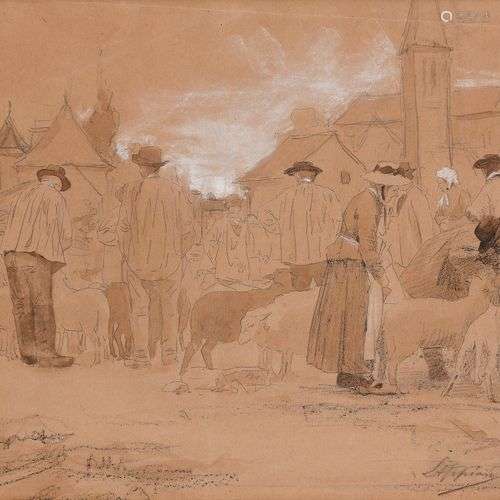 Louis APPIAN (Lyon 1862 - 1896) Scène de marché animé Crayon...