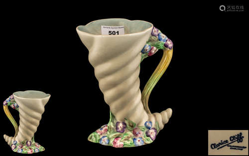 Clarice Cliff Vase, cornucopia shaped, in cream with handle ...