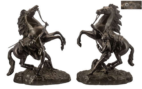 Pair of French Antique Bronze Marly Horse Groups, after Cous...