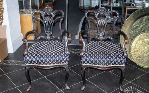 Pair of Carved Mahogany Edwardian Armchairs, in the Queen An...