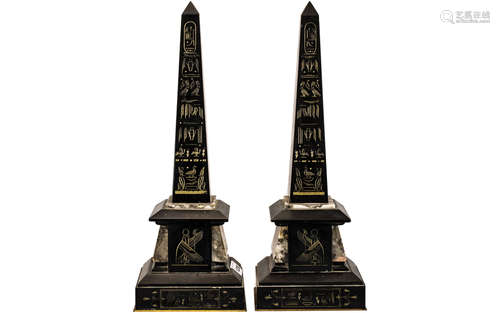 Pair of French Antique Black Marble and Granite Obelisks, wi...