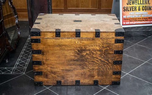 A Large Late Victorian Oak Metal Clad Silver Chest, Makers N...