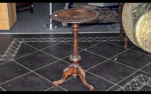 Victorian Carved Walnut Side Table, On Carved Column And Cab...