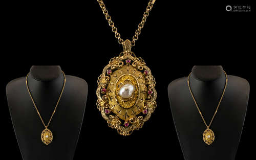 Ladies 9ct Gold - Attractive Ruby and Pearl Set Ornate Penda...