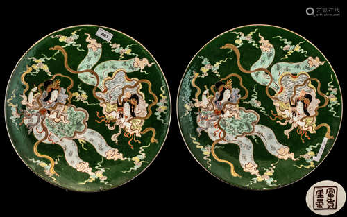 Meiji Period 19thC Japanese Green Glazed Pair of Large Kutan...