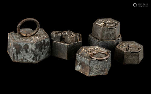 Set of Eight French Antique Iron Weights, 50g to 2kg, with r...