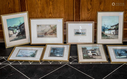 South American Interest: Set of Six Framed Watercolour Drawi...