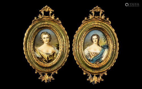 Pair of Miniatures Painted on Ivory of Elegant Ladies, finel...