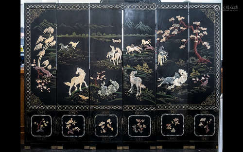 A Six Panel Chinese Lacquered and Hardstone Applied Screen d...